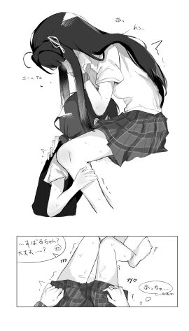 2girls absurdres awa_subaru chinese_commentary collared_shirt commentary_request cunnilingus female girls_band_cry greyscale hair_ribbon hand_on_another's_back hand_on_another's_leg highres iseri_nina long_hair monochrome multiple_females multiple_girls narin70 oral plaid_clothes plaid_skirt pussy pussy_juice ribbon school_uniform shirt short_sleeves short_twintails skirt socks speech_bubble translation_request trembling twintails yuri
