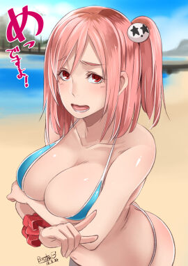 beach bikini blue_bikini blue_swimsuit blush breasts butcha-u cleavage clouds dead_or_alive dead_or_alive_5 female hair_ornament highres honoka_(doa) large_breasts looking_at_viewer medium_hair navel one_side_up open_mouth pier pink_hair red_eyes sand scrunchie side_ponytail skull_hair_ornament skull_ornament sky solo swimsuit translation_request