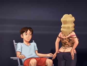 1boy 1girls 2d 2d_(artwork) ass big_ass big_breasts blonde_hair blue_eyes bra breasts brown_hair cleavage clothed clothing crystal_(summertime_saga) darkcookie digital_drawing_(artwork) digital_media_(artwork) duo earrings female female_focus horny horny_female horny_male light-skinned_female light-skinned_male light_skin long_hair looking_at_ass looking_at_partner looking_down main_character_(summertime_saga) male male/female medium_breasts milf panties pants presenting presenting_ass sitting smile smiling smirk smirking summertime_saga tanline tanlines tease teasing thick_ass turned_around underwear