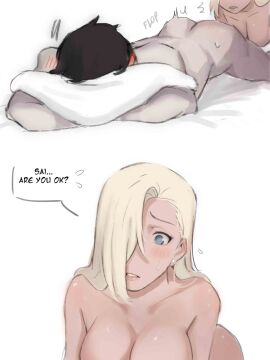 1boy 1girls arched_back bed bed_sheet bedding bent_over big_breasts black_hair blonde_hair blush boruto:_naruto_next_generations breasts busty canon_couple checking_on_partner close-up comic completely_naked completely_nude couple cute dialogue dominant_female ear_piercing earrings english_text female femdom hair_over_one_eye hi_res high_resolution highres husband_and_wife ino_yamanaka jewelry large_breasts lips lipstick makeup male male/female married_couple monday_mint naked naruto naruto:_the_last naruto_(series) naruto_shippuden nude nude_female nude_male on_bed on_front on_stomach pillow pillow_grab pink_lips pink_lipstick romantic romantic_couple sai sex shounen_jump speech_bubble story straight submissive_male sweat sweatdrop text very_high_resolution white_background yamanaka_ino