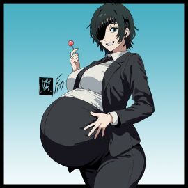 1girls alternate_version_available belly big_belly big_breasts breasts chainsaw_man collared_shirt commission cowboy_shot eyepatch female female_only fungus-man green_eyes grin hand_on_belly himeno_(chainsaw_man) large_breasts lollipop looking_at_viewer pregnant self_upload short_hair smile solo solo_female suit super_belly tagme thick_thighs tie wide_hips