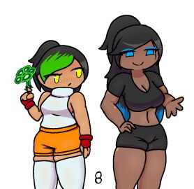 1futa 2girls black_hair blue_eyes dark_skin elle_trifor_(nenei) female futanari intersex moana_fernandez_(nenei) nenei original original_character yellow_eyes