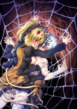 1boy after_sex arthropod_girl assertive_female balls black_bow black_shirt black_thighhighs blonde_hair blush bondage bound bow breasts brown_dress cave clothed_female_nude_male cowgirl_position cum cum_in_pussy dress female frills hairbow highres kurodani_yamame lace-trimmed_thighhighs lace_trim licking_lips long_sleeves male muchousha multi_arm multi_eye multi_limb naughty_face nipples nude orange_eyes penis puffy_sleeves pussy ribbon sex shirt silk sin_sack spider_girl spider_web testicles thighhighs tongue tongue_out touhou unbuttoned unbuttoned_dress unbuttoned_shirt yamame_kurodani yellow_ribbon