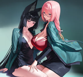 2girls animal_ear_fluff animal_ears black_dress black_hair blunt_bangs breasts cleavage closed_mouth collarbone commission commissioner_upload cowboy_shot dress female fox_ears fox_girl gradient_background green_jacket hand_on_another's_leg hashtag-only_commentary hoshimi_miyabi jacket kan_qianhuilan large_breasts lipstick lipstick_mark lipstick_mark_on_neck long_hair long_sleeves looking_at_viewer makeup multiple_females multiple_girls official_alternate_costume pink_eyes pink_hair red_dress red_eyes ring_hair_ornament sidelocks smile thick_thighs thighs tsukishiro_yanagi zenless_zone_zero