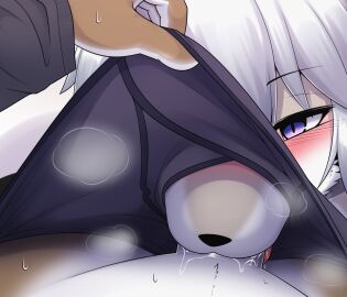 anthro blush blush_lines canid canine clothing digital_media_(artwork) duo erection fellatio female fur genitals grey_body grey_fur hair hane hi_res humanoid_genitalia humanoid_penis male male/female mammal oral penile penis purple_eyes sex smoke_cloud sucking underwear white_body white_fur white_hair