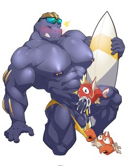 abs anthro_on_feral arthropod balls biceps bodily_fluids crab crustacean cum cum_in_mouth cum_inside decapoda ejaculation eyewear eyewear_on_head fangs fish fishjob generation_1_pokemon genital_fluids genitals hi_res humanoid krabby machoke magikarp malacostracan maldu male male_only marine muscular muscular_humanoid muscular_male muscular_thighs nintendo nipple_piercing nipples oral pecs penis piercing pokemon pokemon_(species) ryuji_kaiyo sunglasses sunglasses_on_head surfboard teeth vein veiny_penis
