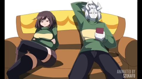 animated animation arm_up asriel_dreemurr black_stockings boots bouncing_boobs bouncing_breasts chara chara_(undertale) female_chara lifted_shirt light_skin light_skinned_female long_sleeve_shirt long_sleeves longer_than_10_seconds looking_at_phone masturbation red_eyes short_brown_hair short_brown_hair_female short_hair stockings tagme unaware undertale video video_game_character video_games zukafu_shimoto