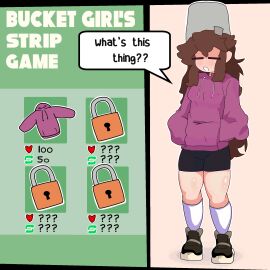bucket_girl_(thecoo1estslime) english_text female hoodie original original_character strip_game thecoo1estslime