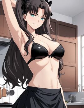 ai_generated arm_up armpit belly_button bikini_top fate_(series) female large_breasts light-skinned_female light_skin navel partially_undressed rin_thighsaka69 skirt smiling solo solo_female tohsaka_rin