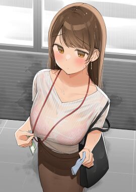 1girls big_breasts breasts brown_eyes brown_hair female lanyard long_hair office_lady ol-chan_(ol_mahonanoka) ol_mahonanoka original rain translucent_clothing wet wet_clothes