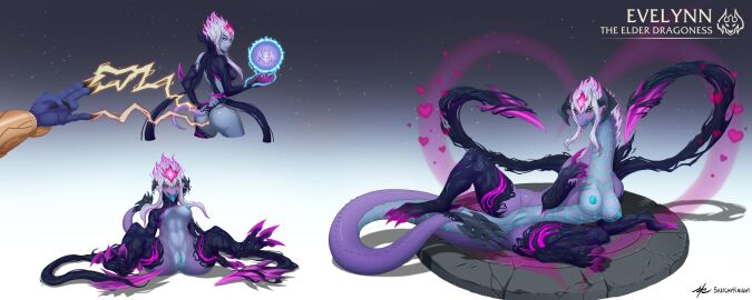 absurd_res areola ass big_breasts breasts busty_feral claws demon dragon evelynn_(lol) female feral genitals hair hi_res horn league_of_legends mythological_creature mythological_scalie mythology nipples non-mammal_breasts nude riot_games scalie simple_background sketchyknight species_transformation spread_legs spreading tail tencent transformation vulva wings