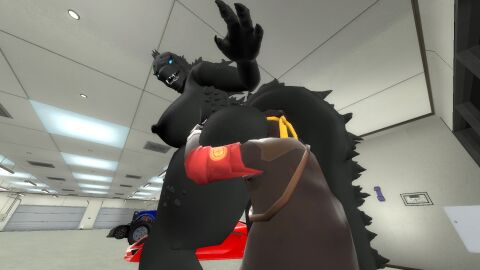 1boy 1girls 4_fingers anthro ass ass_grab black_hair black_skin blue_eyes breasts eating_ass face_in_ass female garry's_mod godzilla godzilla_(series) hands_on_hips human human_on_anthro kaiju large_breasts larger_female long_tail looking_back male monsterverse rimming rule_63 scalie sniper_(team_fortress_2) straight surprised tagme team_fortress_2