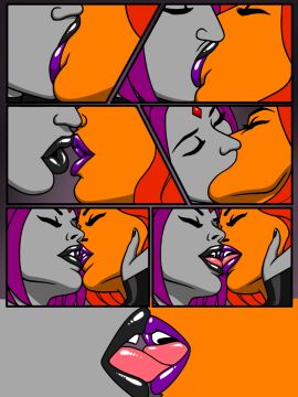 2girls dc dc_comics english_text female female_only french_kiss french_kissing kaywest kissing koriand'r multiple_females multiple_girls page_5 rachel_roth raven_(dc) starfire teen_titans text tongue yuri