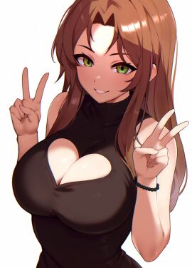 big_breasts boob_window breasts brown_hair cleavage female green_eyes long_hair streamer waiting_for_cum zavalr