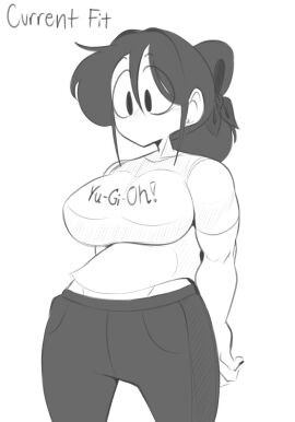 art_meme athletic athletic_female big_breasts black_hair black_pants breast_outline breasts clothed clothed_female clothing female female_focus female_only humanoid marie_(tag-a-long) mouthless mouthless_female noseless original tag-a-long white_body white_clothing white_skin