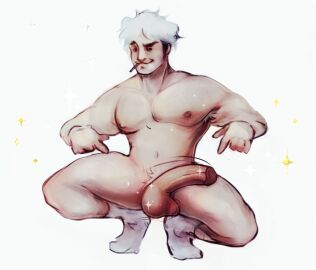 1boy armpit_hair armpits balls balls_swinging bara big_balls big_penis big_thighs blush chain_necklace cigarette cigarette_in_mouth erection eye_contact foreskin gay glasses guzma_(pokemon) gym_leader hairy hairy_armpits half-erect male male_focus male_nipples male_only male_pubic_hair masculine motion_lines muscular muscular_chest muscular_male nintendo nipples penis pointing pointing_at_penis pointing_at_self pokemon pokemon_sm proud pubic_hair seductive_look simple_background socks socks_only solo solo_male sparkles squatting swinging swinging_balls swinging_penis thick_eyebrows thick_legs uncircumcised uncut white_hair yaoi