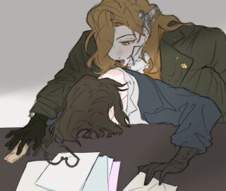 bent_over bent_over_table biting clothed clothed_sex clothing dominant_female female glasses reverse:1999 submissive_female table table_sex tooth_fairy_(reverse:1999) yuri z_(reverse:1999)