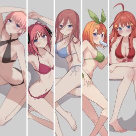 5girls ahoge arm_up bikini black_bikini blue_bikini blue_eyes blush breasts brown_hair cleavage closed_mouth collarbone commentary_request criss-cross_straps feet_out_of_frame female food food_in_mouth go-toubun_no_hanayome green_bikini green_ribbons grey_background hair_between_eyes hair_ornament hair_ribbon highres large_breasts lineup long_hair looking_at_viewer lying medium_breasts medium_hair multiple_females multiple_girls nakano_ichika nakano_itsuki nakano_miku nakano_nino nakano_yotsuba navel on_back on_side orange_hair pink_hair popsicle popsicle_in_mouth profnote quintuplets red_bikini red_hair ribbon seiza short_hair side-tie_bikini_bottom sideboob sitting star_(symbol) star_hair_ornament straight_hair swimsuit