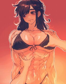 1girls abs bikini black_bikini blush breasts brown_eyes brown_hair choi_jinseon_(spoiledmuffin) embarrassed female fit fit_female groping hi_res highleg looking_away matching_hair/eyes muscular muscular_female original pixel_art pov spoiledmuffin swimsuit
