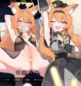 animal_ear_fluff animal_ears anus arm_up armpits ashiba babydoll black_babydoll black_dress black_hat blue_archive bottomless breasts cat_ears cat_girl cleft_of_venus condom covered_nipples dress fake_phone_screenshot fake_screenshot fat_mons female halo hat headband highres holding holding_microphone id_card idol_clothes lace-trimmed_babydoll lace_trim long_hair mari_(blue_archive) mari_(idol)_(blue_archive) microphone multiple_views nipples official_alternate_costume official_alternate_hairstyle one_eye_closed orange_hair presenting_pussy pussy see-through_clothes small_breasts spread_legs used_condom yellow_halo