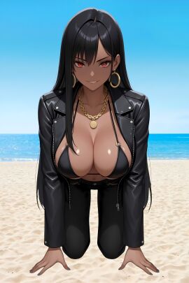 ai ai_generated anime beach beach_background big_breasts bikini_top black_bikini black_hair black_jacket black_jeans cleavage dark-skinned_female earrings front_view gold_chain gold_jewelry hi_res high_quality leaning_forward mina_thai_woman necklace on_all_fours pose posing red_eyes sexy sexy_pose silicone silicone_implants smiling thai thai_female thailand