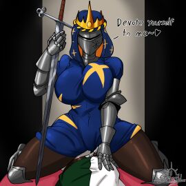 1boy1girl armor armored armored_female armored_male big_breasts big_thighs breasts busty busty_female clothed clothed_female curvaceous curvaceous_female curvy_female female female_focus female_on_top femdom furanshi knight knight_armor large_boobs large_breasts large_thighs larger_female male male_on_bottom male_pov melee_weapon pinned pinned_down pov queen royalty submission submissive_male submissive_pov sword weapon