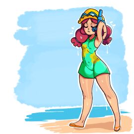 1girls artista: beach brawl_stars closed_eyes female glasses hat jessie_(brawl_stars) light_skin notwawita red_hair summer_jessie_(brawl_stars) swimsuit wet