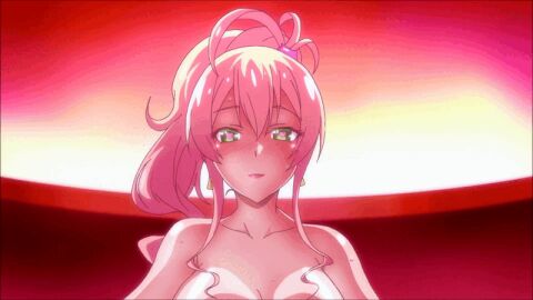 animated blonde_hair breasts censored_breasts cleavage clothing completely_nude female green_eyes gyaru hajimete_no_gal heart heart-shaped_pupils kogal large_breasts licking low_resolution naz_(company) nude ponytail saliva school_uniform screen_capture seductive_smile symbol-shaped_pupils teenage_female teenager tied_hair tongue tongue_out uniform yame_yukana