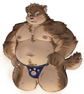 1boy anthro asian_clothing belly blush bodily_fluids bulge canid canine canis clothing domestic_dog east_asian_clothing eyebrows fundoshi fur grey_body grey_fur hi_res japanese_clothing lifewonders male male_focus male_only mammal moritaka musclegut muscular navel nipples nuhoangxitray obese obese_male pecs scar solo solo_male sweat thick_eyebrows tokyo_afterschool_summoners underwear