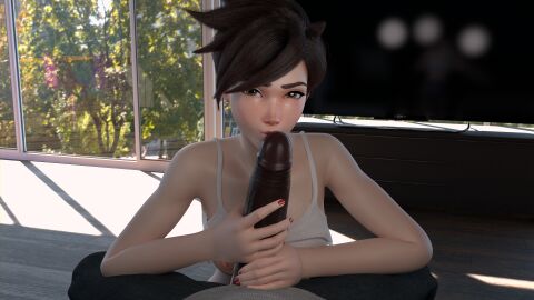 1boy 1girls 3d 3d_(artwork) 3d_model commission currysfm dark-skinned_male dark_skin female interracial kissing_penis large_penis licking_penis looking_at_viewer male overwatch overwatch_2 penis pov tracer
