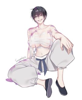 1girls bandage bandaged_chest big_breasts black_hair blood_on_face blood_stain breasts breasts_out female genderswap genderswap_(mtf) green_eyes jujutsu_kaisen large_breasts looking_at_viewer milf pants pixie_cut rule_63 scarred_face shoes short_hair sitting small_waist smile smirk solo solo_female tagme toji_fushiguro tomboy very_short_hair white_background