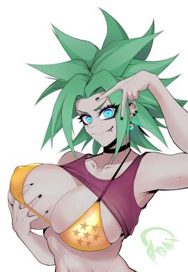 big_breasts blue_eyes breasts doll_dol1 dragon_ball dragon_ball_super female female_only fusion goth green_hair kefla legendary_super_saiyan looking_at_viewer pose potara_earrings saiyan super_saiyan super_saiyan_2 swimsuit tongue tongue_out