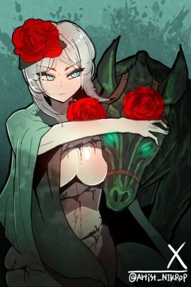 1girls artist_name big_breasts blood_drip blue_eyes breasts cleavage e.g.o_(project_moon) faust_(limbus_company) female female_focus female_only flower_in_hair hair_ornament horse large_breasts lasso_(e.g.o) limbus_company naked_cape nikrop nude nude_female porkin project_moon rose rose_(flower) short_hair solo thick_thighs thorns white_hair