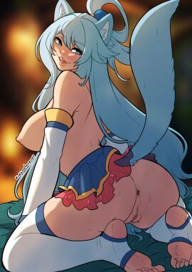1girls :d animal_ears anus aqua_(konosuba) ass bare_shoulders big_ass blue_skirt blurry blurry_background breasts cat_ears cat_girl cat_tail catgirl detached_sleeves female female_only from_behind green_hair highres kinkymation kono_subarashii_sekai_ni_shukufuku_wo! large_breasts long_hair milf miniskirt nipples pleated_skirt pussy pussy_juice skirt smile solo tail teeth thighhighs toeless_legwear upper_teeth wet_pussy white_thighhighs