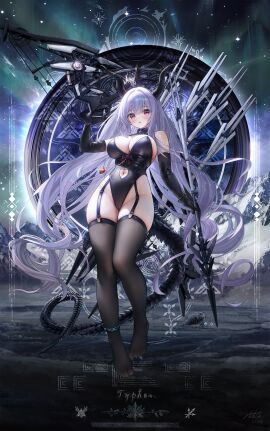 1girls absurdres anklet arknights arrow_(projectile) aurora bare_shoulders black_gloves black_leotard black_thighhighs bow_(weapon) bracelet breasts cameltoe character_name cleavage clothing_cutout crown dated detached_collar elbow_gloves female female_only full_body garter_straps gloves highleg highleg_leotard highres holding holding_arrow holding_bow_(weapon) holding_weapon horns infection_monitor_(arknights) jewelry large_breasts leotard light_particles liht long_hair looking_at_viewer mountain navel navel_cutout night night_sky no_shoes outdoors parted_lips pendant pink_eyes portal_(object) purple_hair pussy signature skindentation sky snow snowflakes solo strapless strapless_leotard thigh_gap thighhighs typhon_(arknights) very_long_hair weapon