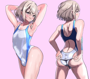 1boy adjusting_clothes adjusting_swimsuit armpits arms_behind_head arms_up ass big_ass brat bulge femboy front_and_back licking_lips looking_at_viewer male navel_visible_through_clothes one_piece_swimsuit otoko_no_ko plump_ass smug solo swimsuit swimwear tight_clothing trap zhe_(zhe_79)