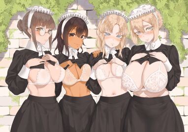 3girls 4girls black_skirt blonde_hair blue_eyes blush bra braid breasts brick_wall brown_eyes brown_hair cg cleavage clothes_lift dark-skinned_female dark_skin glasses hair_bun hands_on_own_chest hat huge_breasts large_breasts long_hair long_sleeves looking_at_viewer maid maid_headdress mob_cap multiple_girls navel shirt_lift single_hair_bun skirt smile throtem underwear white_bra