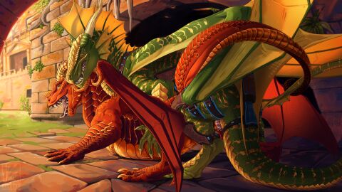 bodily_fluids breeding cum cum_in_pussy cum_inside dragon female feral feral_on_feral from_behind_position furgonomics genital_fluids gold gold_markings gold_scales green green_body green_scales happy happy_sex hi_res impregnation leather male male/female markings mounting muscular muscular_female mythological_creature mythological_scalie mythology penetration penile penile_penetration penis penis_in_pussy pussy red red_body red_scales ruins scales scalie sex snarling vaginal_penetration whiskers