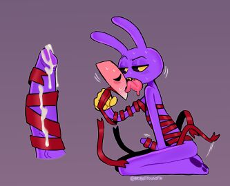 absurd_res anthro ari_dibujitos bodily_fluids closed_eyes disembodied_penis duo female fur gangle_(tadc) gangle_(the_amazing_digital_circus) genitals glitch_productions hi_res humanoid humanoid_genitalia humanoid_penis jax_(tadc) jax_(the_amazing_digital_circus) lagomorph leporid male male/female mammal penis purple_body purple_fur rabbit red_ribbon ribbons the_amazing_digital_circus tongue tongue_out yellow_sclera