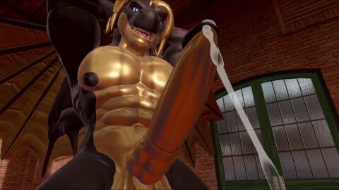 abs anthro_dragon arokh1 arokh_(arokh1) balls black_scales black_skin black_tits boner breasts brick_wall cum cumming dragon dragon_wings glans golden golden_abs golden_balls golden_pecs golden_penis golden_wings male male_only muscular muscular_male naked nude nude_male pecs penis scalie teeth thehardplace2 tongue
