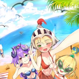 andras_(guardian_tales) ara_(guardian_tales) beach blonde_hair female female_knight_(guardian_tales) glasses green_eyes guardian_tales helmet heterochromia horn knight_helmet little_princess_(guardian_tales) palm_tree purple_hair sea_witch_ara_(guardian_tales) shinjiyoriko_(artist) slayer_andras_(guardian_tales) sunglasses tree