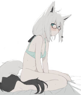 ahoge animal_ear_fluff animal_ears bed_sheet blush bottomless bra breasts closed_mouth female fox_ears fox_girl fox_tail glasses green_bra highres hololive hololive_gamers hololive_gen_1 hololive_japan kemonomimi kujira_pasta long_hair looking_at_viewer partially_colored petite shirakami_fubuki simple_background sitting small_breasts solo sweat tail underwear virtual_youtuber white_hair