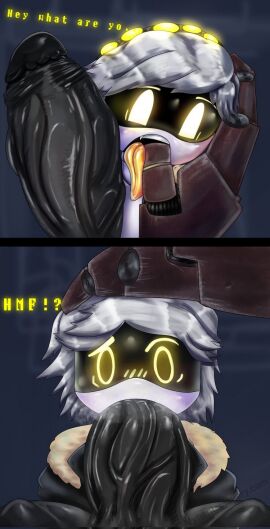 2boys ass big_penis blowjob bulge cock cock_in_face cock_in_mouth curvy deepthroat disassembly_drone domination face_fucking femboy feminine_male gay glitch_productions hips holding_head khadhunter7 male male_only murder_drones n_(murder_drones) penis robot robot_boy robot_femboy thick_ass thick_thighs thigh_highs thong tongue white_body white_hair wide_hips yellow_thong