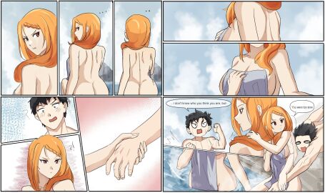 1boy 1girls e_v_o_n_0 ass bath black_hair comic female male naked natsuki_subaru orange_hair priscilla_barielle re:zero_kara_hajimeru_isekai_seikatsu red_eyes tagme towel