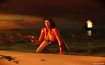 1960s 3d 60s beach big_breasts breasts brown_hair cate_archer choker cleavage_cutout diving_suit duesentrieb female gloves harpoon_gun headband leather_clothing makeup no_one_lives_forever sea secret_agent shark short_hair solo_female spy swimming_goggles tight_clothing wet wetsuit