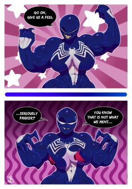 1boy 1girls absurd_res alien alien_humanoid big_breasts blue_body breast_grab breast_squeeze breasts claws closed_eyes comic dialogue disembodied_hand duo dustyjcircus emblem empty_eyes english_text fangs female funny genitals go_on_feel_it_(meme) hand_on_breast hi_res human humanoid humor male male/female male_human/female_alien male_human/female_humanoid mammal marvel marvel_comics monster monster_girl muscular muscular_female nightmare_waifu nipple_outline nude open_mouth open_smile peter_parker sharp_teeth she-venom simple_background smile speech_bubble spider-man spider-man_(character) spider-man_(series) straight symbiote teeth text thick_thighs venom_(marvel) white_eyes