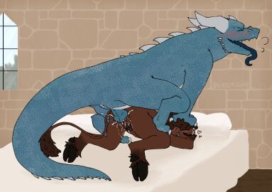 animal_genitalia anthro anthro_on_feral anthro_penetrated anus big_clitoris big_dom_small_sub bodily_fluids bovid bovine breath cattle claws clitoris cum cum_in_vagina cum_inside cuntboy cuntboy/male digitigrade doggy_style dominant dragon ejaculation feral feral_penetrating feral_penetrating_anthro from_behind_position fur genital_fluids genital_slit genitals gibberishpie hand_on_head hi_res hooves horn in_heat intersex intersex/male knot male mammal mythological_creature mythological_scalie mythology open_mouth panting penetration penile penile_penetration penis piercing pussy scalie sex size_difference step_position tail teeth unguligrade vulva zoophilia