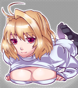 00s antenna_hair arcueid_brunestud black_pantyhose breasts cleavage cleavage_cutout clothing_cutout female female_focus hair_intakes large_breasts lips looking_at_viewer lying meme_attire no_shoes ogachin on_stomach open-chest_sweater pantyhose ribbed_sweater short_hair slit_pupils smile solo sweater tsukihime turtleneck