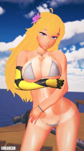 1girls arm_under_breasts arrancon big_breasts bikini bikini_bottom bikini_top blonde_female blonde_hair breast_hold breasts cleavage female flower_in_hair large_breasts long-haired_female long_hair pose posing purple_eyes robotic_arm rwby sensual smile solo_female tan_body tan_skin tanline thong_bikini yang_xiao_long