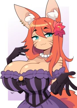 1girls aqua_eyes battletech big_breasts breasts cat_ears cat_girl catgirl cleavage commission cutlet_(towarman) dress earrings elegant_dress female female_only flower_in_hair hi_res j5daigada long_hair looking_at_viewer mechwarrior narrowed_eyes oc orange_hair pearl_necklace smiling smiling_at_viewer smug smug_face solo